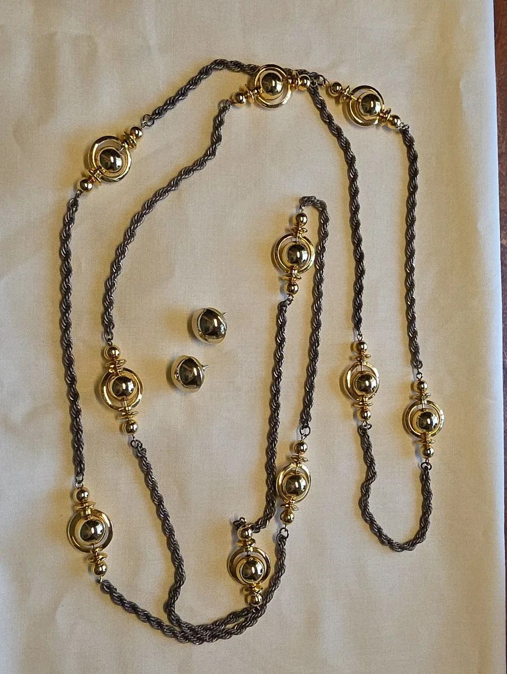 Long Two-Tone Bead Necklace with Matching Stud Earrings - Gold and Gunmetal